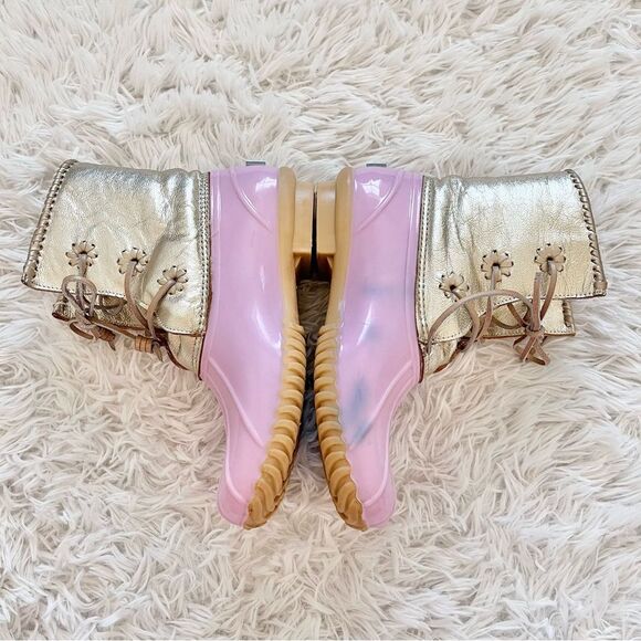 Jack Rogers Women's Chloe Metallic Rain Boot pink gold lace up size 7 - Picture 4 of 7